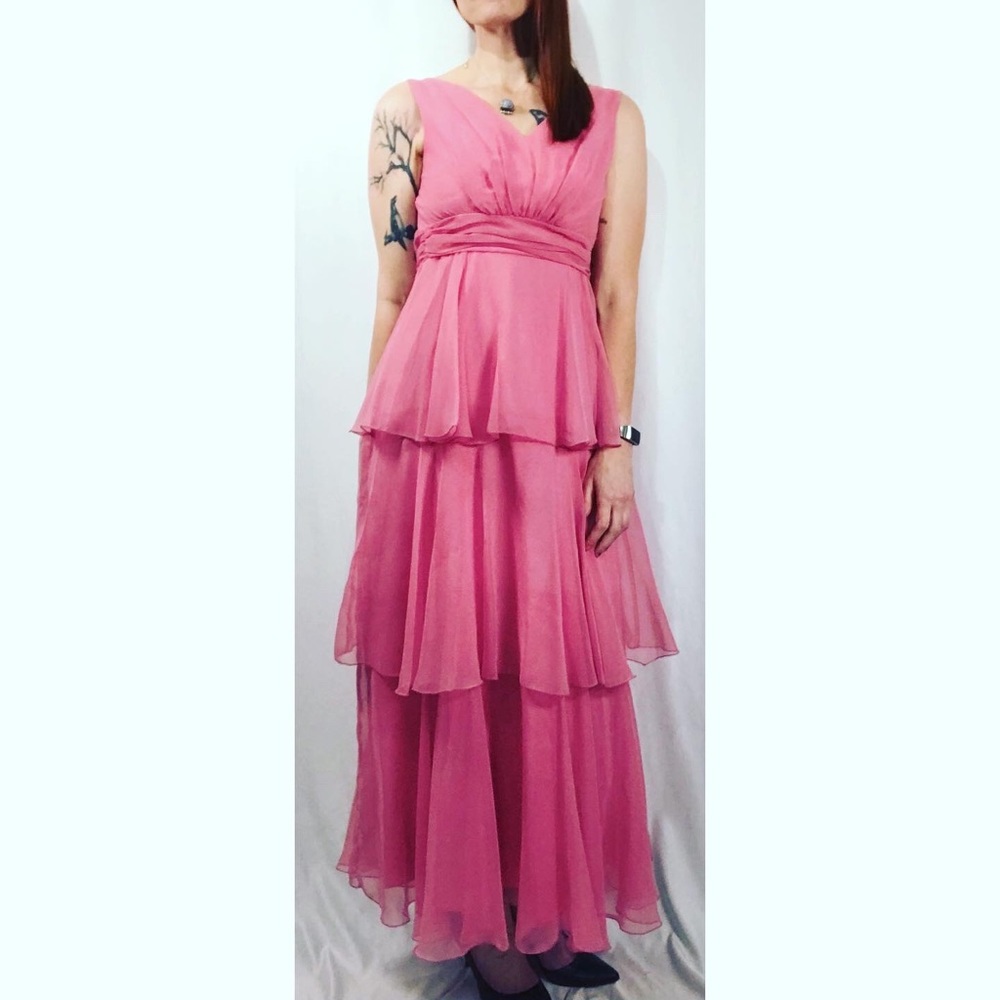 Sold—Vintage Pink Chiffon Empire Waist Maxi Dress with Matching Chiffon Cape - Picture 3 of 17